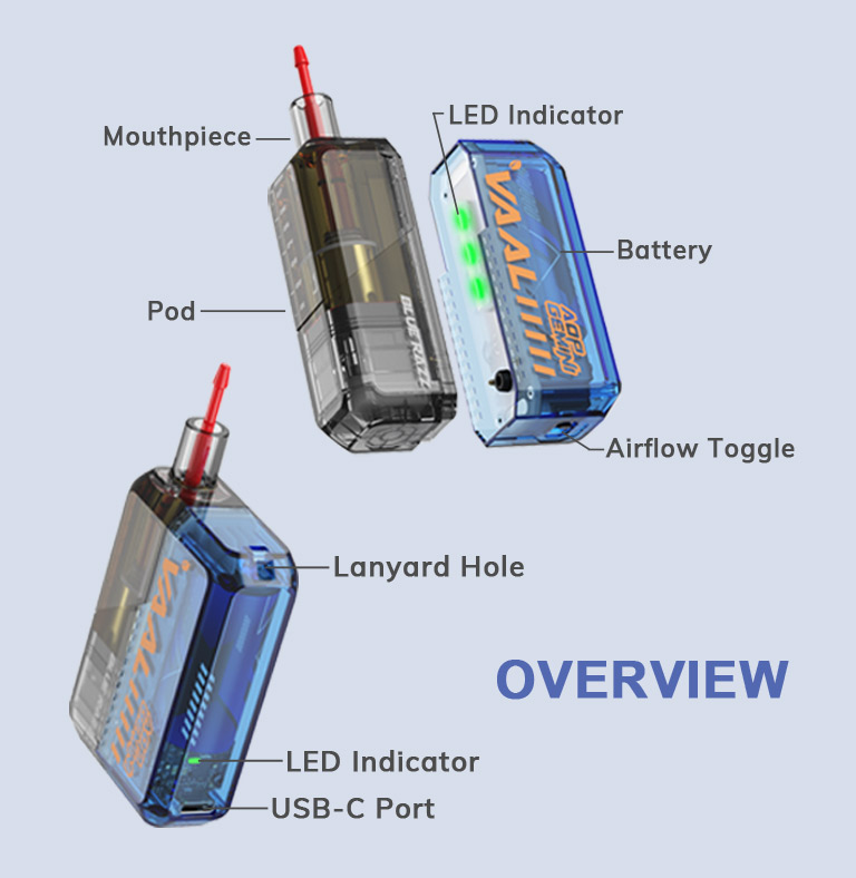 VAAL Gemini vape kit structure: POD, Battery, Mouthpiece, USB-C Port, LED Indicator, Airflow Toggle, Lanyard Hole.